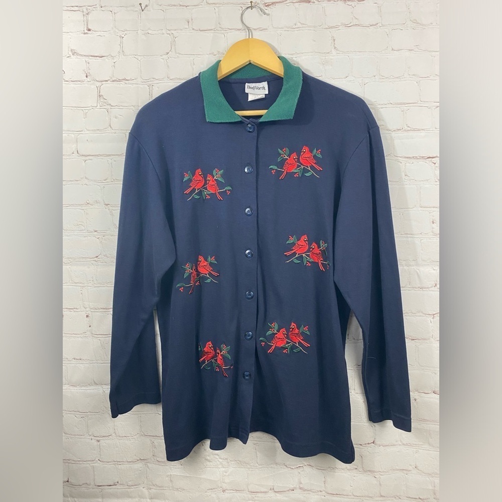 Bon Worth Knit Top Womens Size Medium Blue Christmas Red Cardinal Embroidered